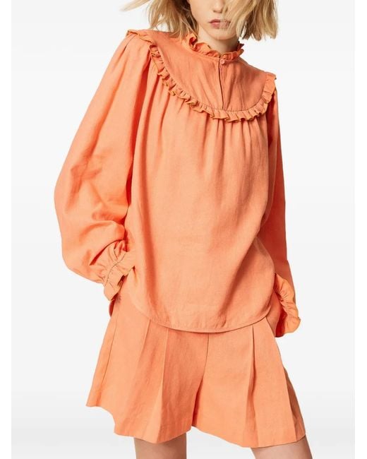Twinset Orange Linen Blend Blouse With Ruffles