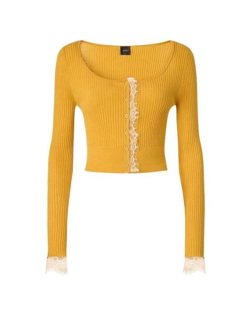 Pinko Yellow Lace-Trimmed Ribbed Cardigan