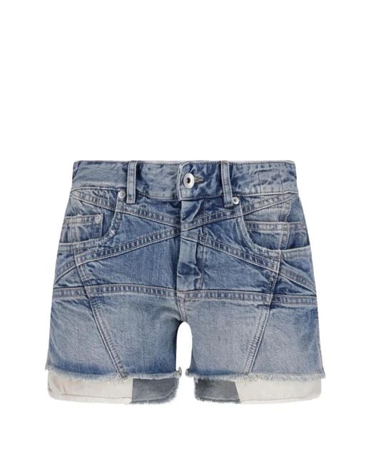 Rick Owens Blue Short En Jean À Bords Francs Et Empiècements