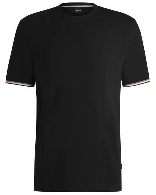 Boss Black Cotton-Jersey T-Shirt With Signature-Stripe Cuffs for men
