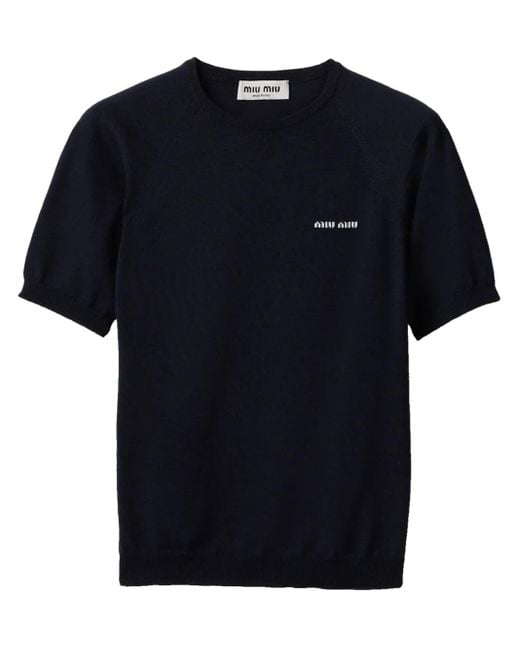 Miu Miu Black Logo Intarsia Knitted Short-Sleeved Pullover