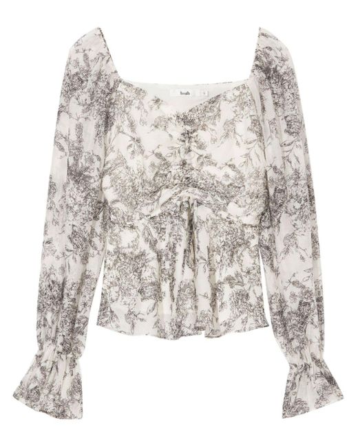B+ AB White Ruched Floral-print Blouse