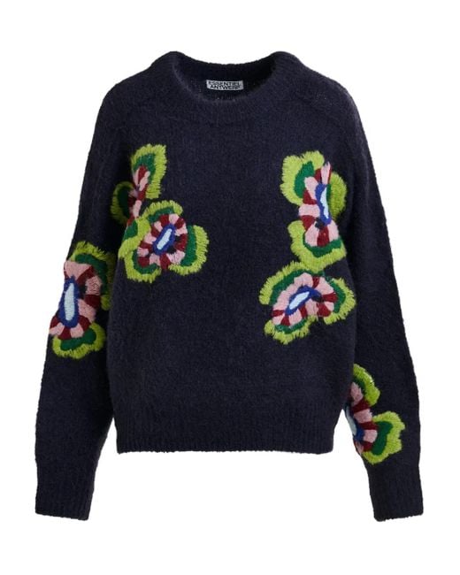 Essentiel Antwerp Blue Floral-Embroidered Crew-Neck Sweater