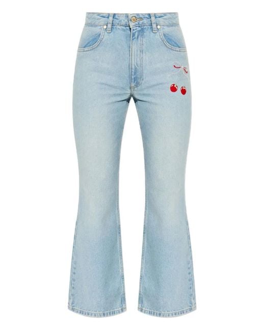 LoveShackFancy Blue Cherry-Embroidery Jeans