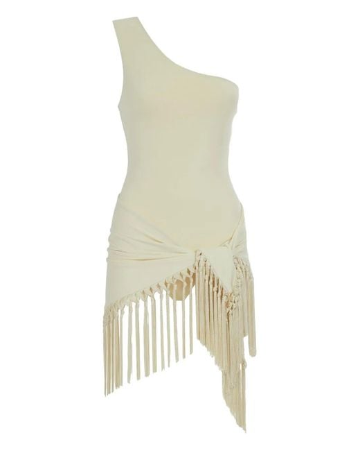 Taller Marmo White One-Shoulder Fringe Swimsuit