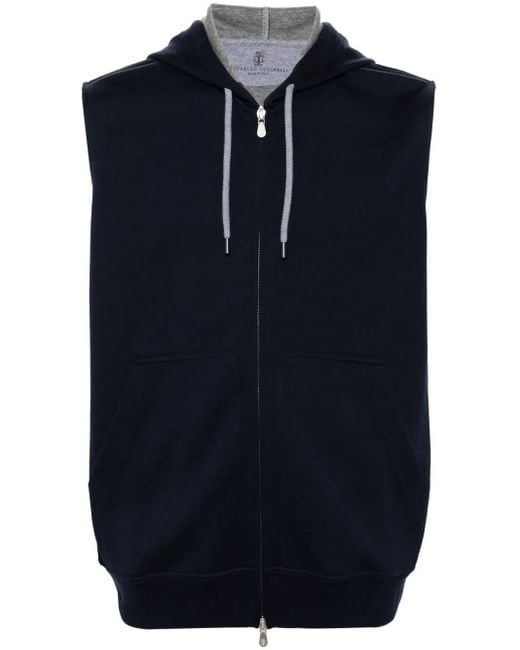 Brunello Cucinelli Blue Cotton Blend Sleeveless Hooodie for men