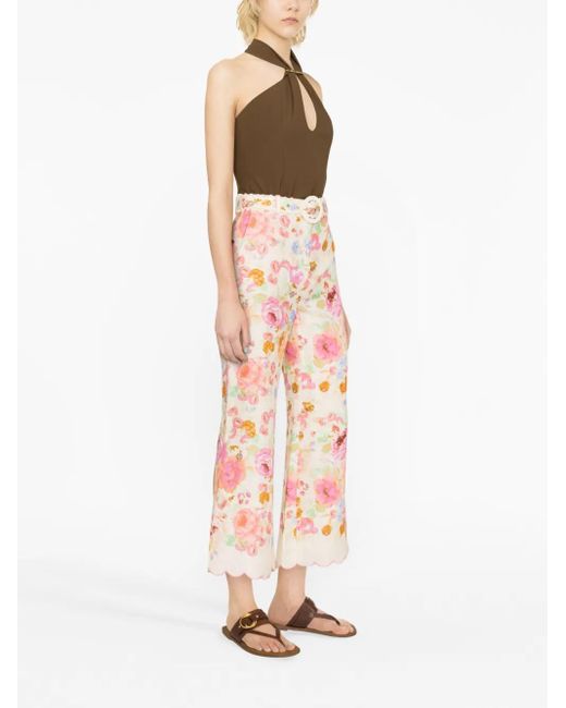Zimmermann Pink Raie Floral-Print Flared Linen Trousers