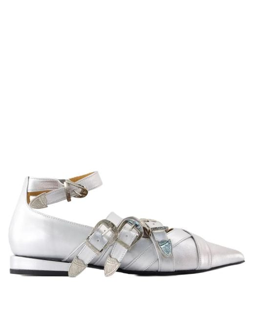 Toga White Buckle-Strap Pointed Ballet Flats