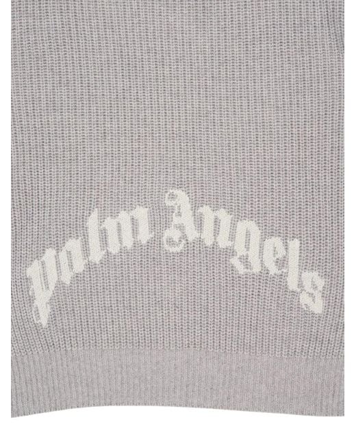 Palm Angels Gray Curved-Logo Ribbed-Knit Hoodie for men