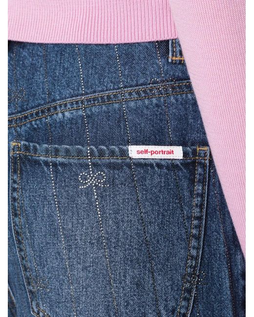 Self-Portrait Blue Rhinestone-Embellished Bow-Print Jeans
