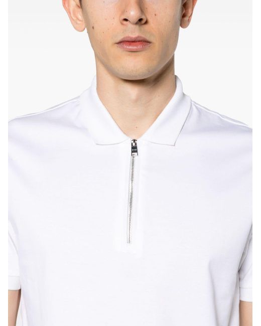 Boss White Zipped Cotton Polo Shirt for men