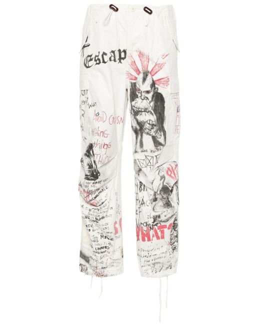 R13 White Graphic-Print Cargo Trousers