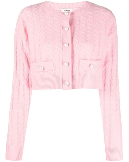 Sandro Pink Cable-knit Faux-pearl Cardigan