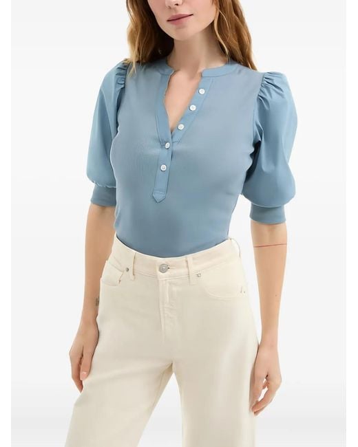 Veronica Beard Blue Puff-Sleeve Button Top