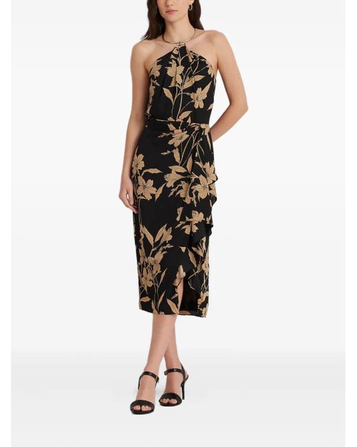 Ralph Lauren Black Floral Metal-Necklace Midi Dress