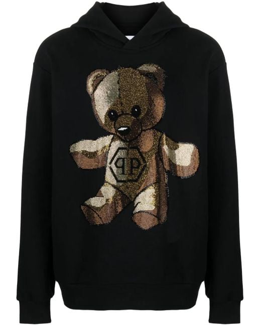 Philipp Plein Black Teddy Bear Rhinestone-Embellished Hoodie for men