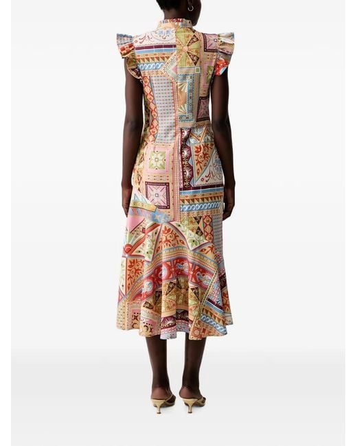 Never Fully Dressed Orange Graphic-Print Ruffled-Sleeve Midi Dress