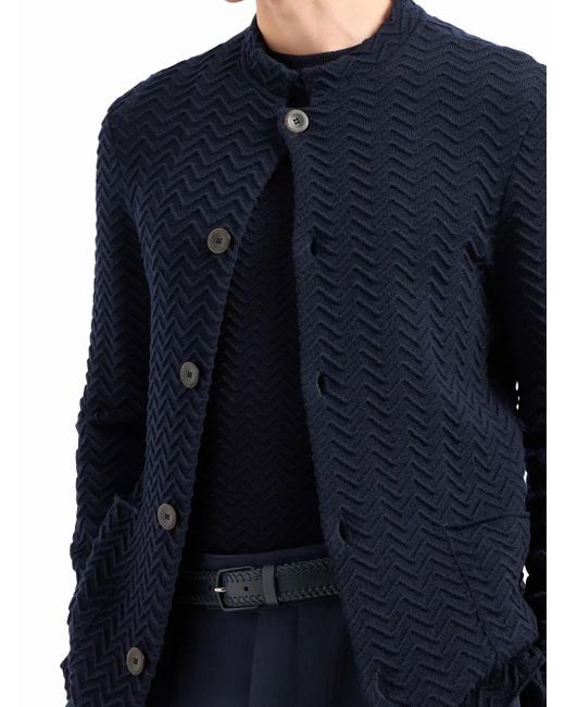 Giorgio Armani Blue Zigzag-Embroidery Buttoned Cardigan for men