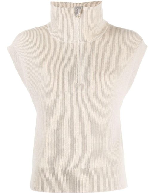 Brunello Cucinelli White Lurex-detailing Sleeveless Knitted Top