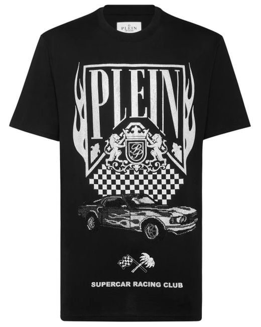 Philipp Plein Black Strass Flame Racing T-Shirt for men