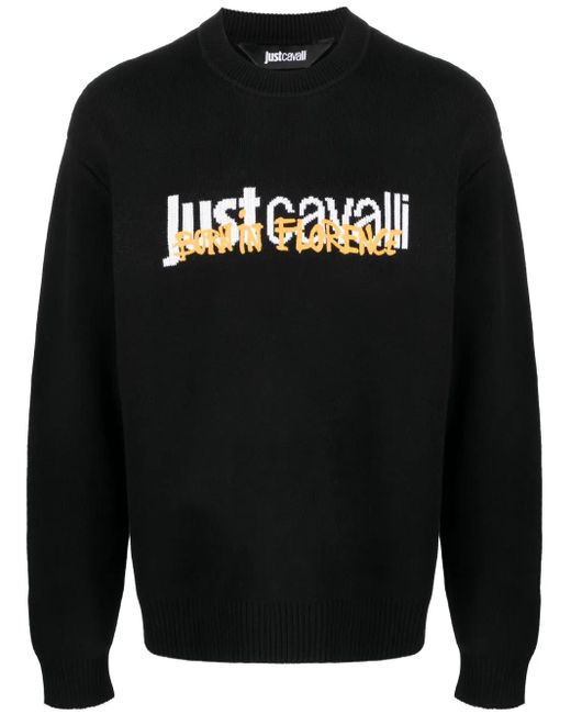 Just Cavalli Black Intarsia Knit Logo Cotton Jumper for men