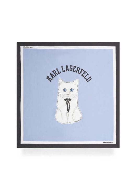 Karl Lagerfeld Blue Ikon Choupette Print Silk Scarf