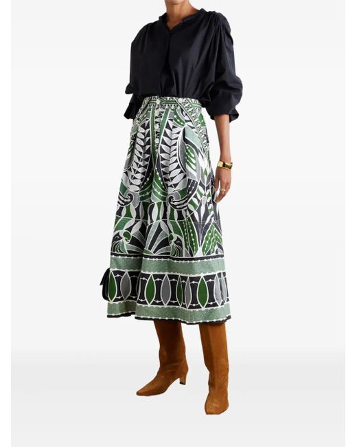 Farm Rio Green Pleated Printed Cotton-Poplin Midi Skirt