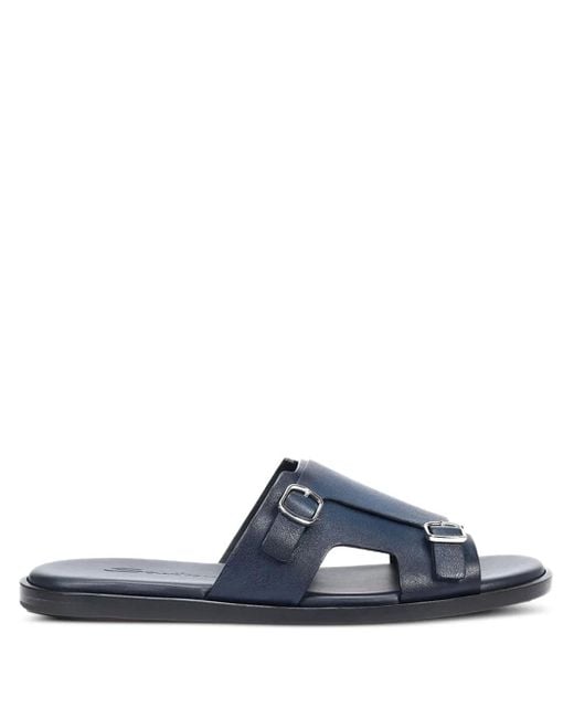 Santoni Blue Double-Buckle Leather Sandals for men