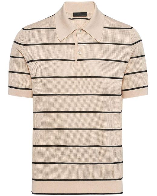 Prada Natural Striped Open-knit Polo Shirt for men