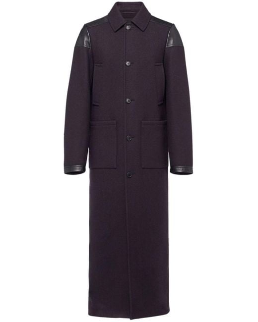 Prada Blue Leather-trim Wool Maxi Coat for men