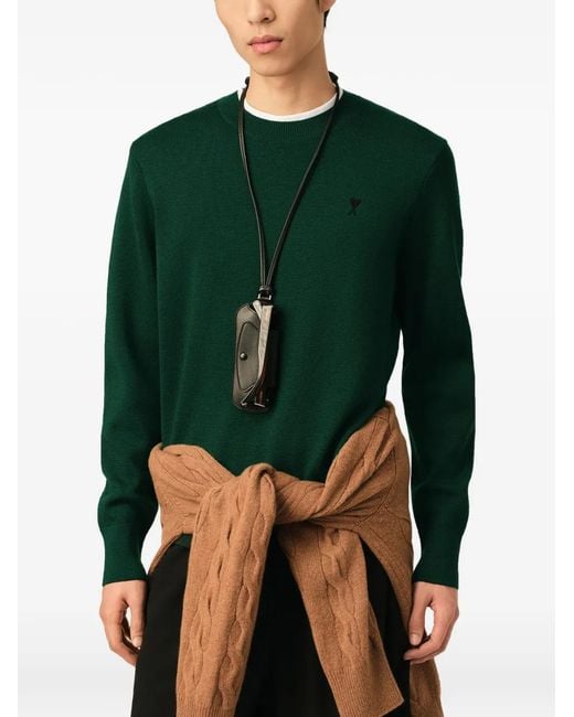 AMI Green Crewneck Wool Sweater With Ami De Coeur for men