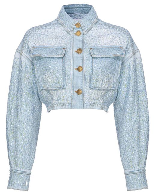 Pinko Blue Sequin-embellished Cropped Denim Jacket