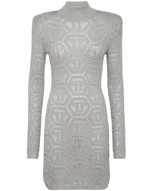 Philipp Plein Gray Monogram-Pattern Crochet-Knit Minidress