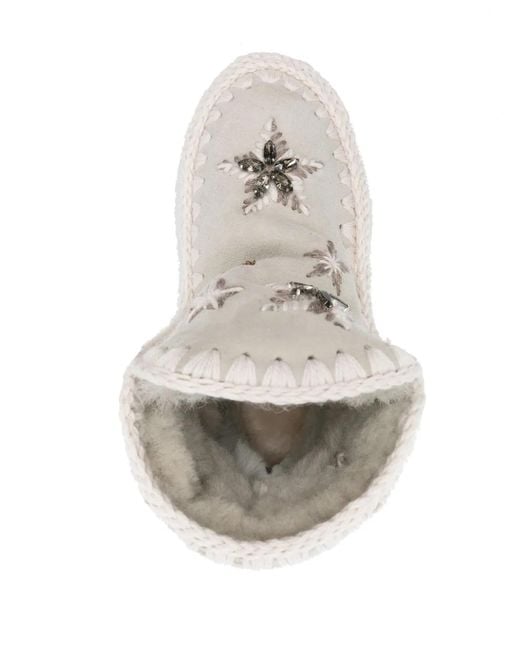 Mou Natural Star-Embroidered Moccasin Ankle Boots