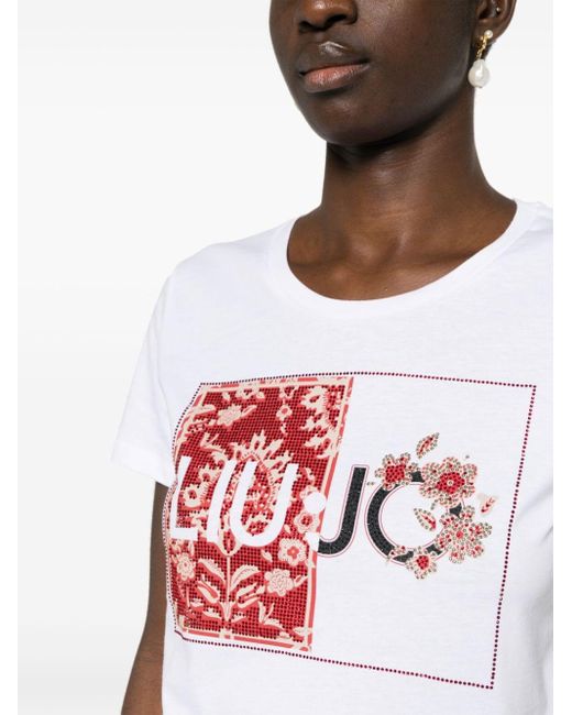 Liu Jo White Crystal-logo Cotton T-shirt