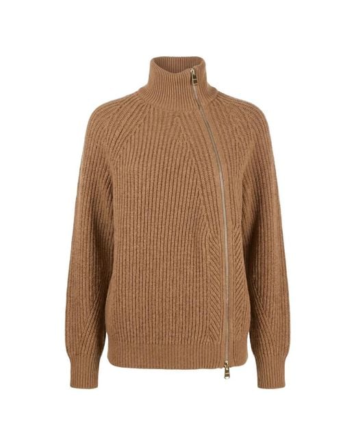 Dondup Brown Ribbed-Knit Asymmetric-Zip Cardigan