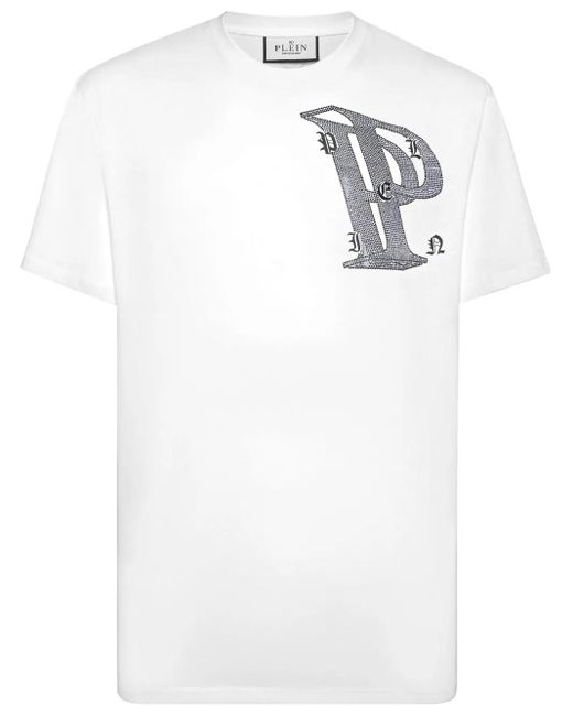 Philipp Plein White Rhinestone-Embellished Cotton T-Shirt for men