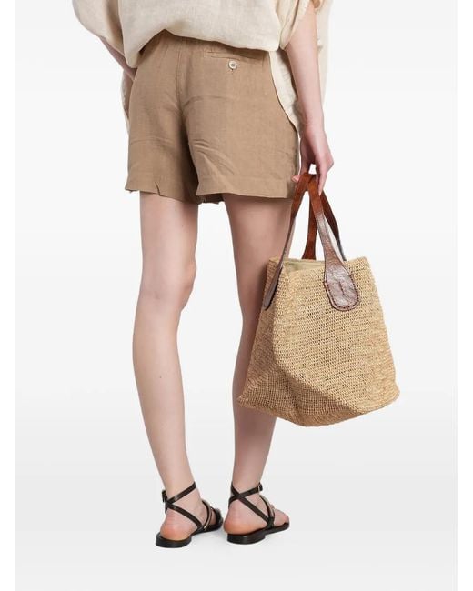 120% Lino Natural Short Court À Taille Élastiquée