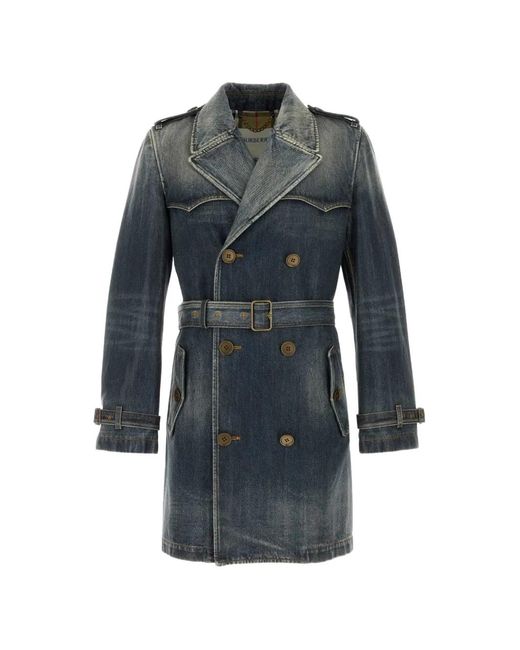 Burberry Blue Belted Double-Breasted Trench Coat for men