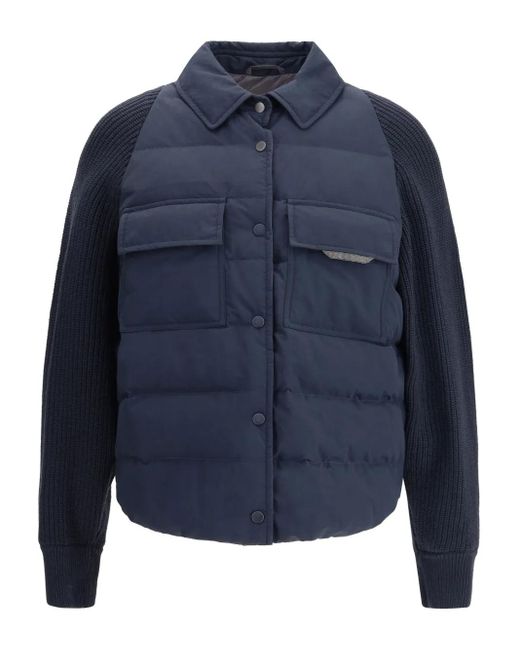 Brunello Cucinelli Blue Padded Knitted-Sleeve Jacket