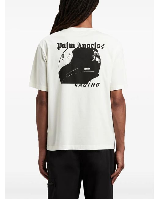 Palm Angels White Racing Graphic-Print Cotton T-Shirt for men