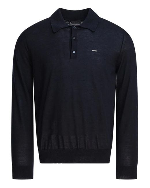 Prada Blue Wool Polo Shirt With Long Slevees for men