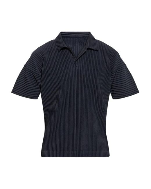 Homme Plissé Issey Miyake Blue Textured Pleated Polo Shirt With Classic Collar for men