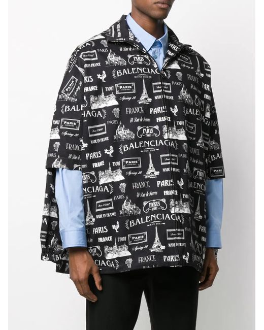 Balenciaga Black Paris-Print Layered-Sleeve Jacket for men