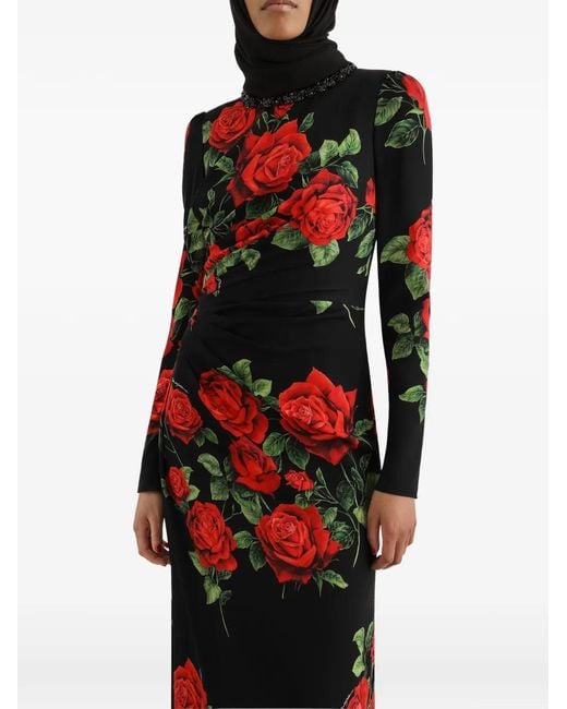 Dolce & Gabbana Red Rose-Print Charmeuse Maxi Dress