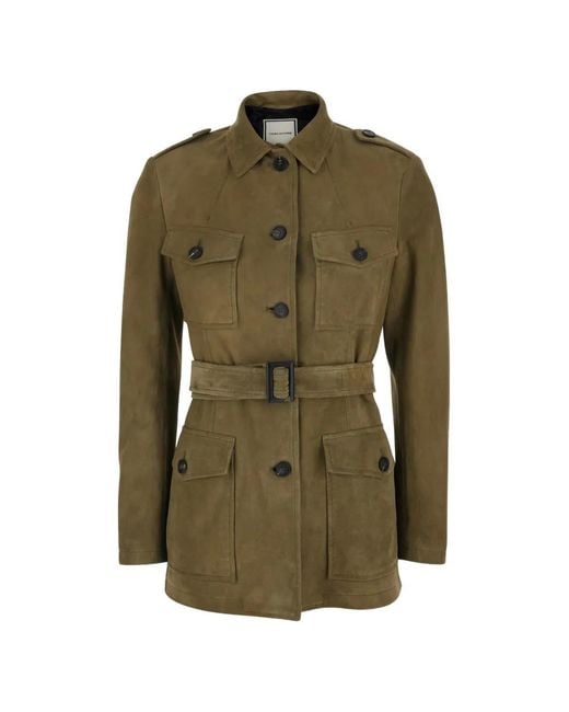 Tagliatore Green Buttoned Belted Leather Coat