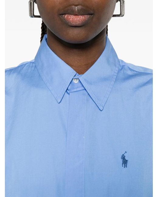 Polo Ralph Lauren Blue Logo-Embroidered Drawstring-Waist Midi Shirt Dress