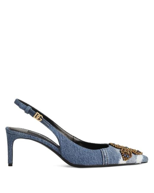 Dolce & Gabbana Blue Denim Patchwork Slingback With Embroidery