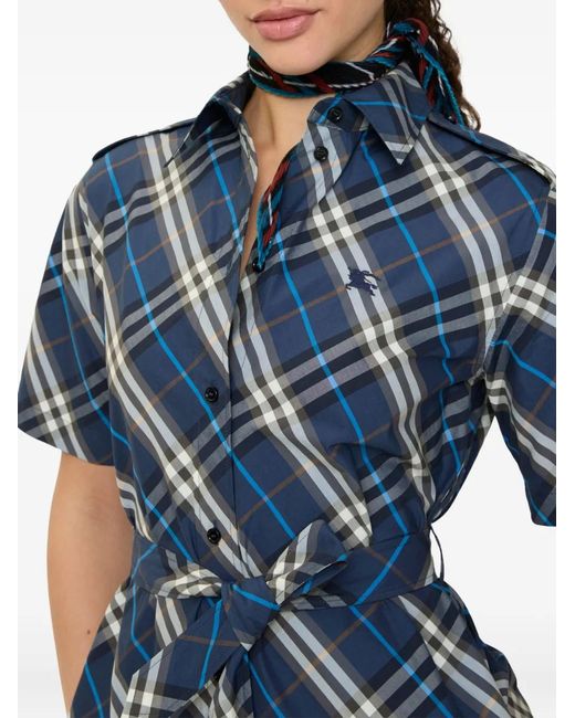 Burberry Blue Robe-Chemise Courte À Carreaux