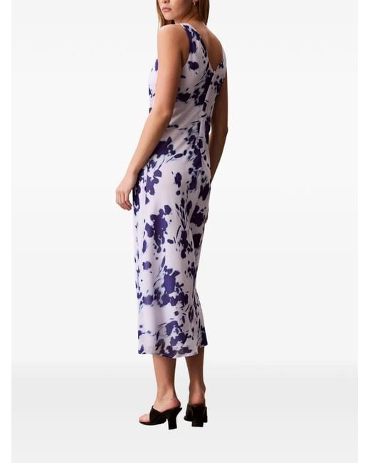 Calvin Klein Blue Floral-Print Cowl-Neck Dress